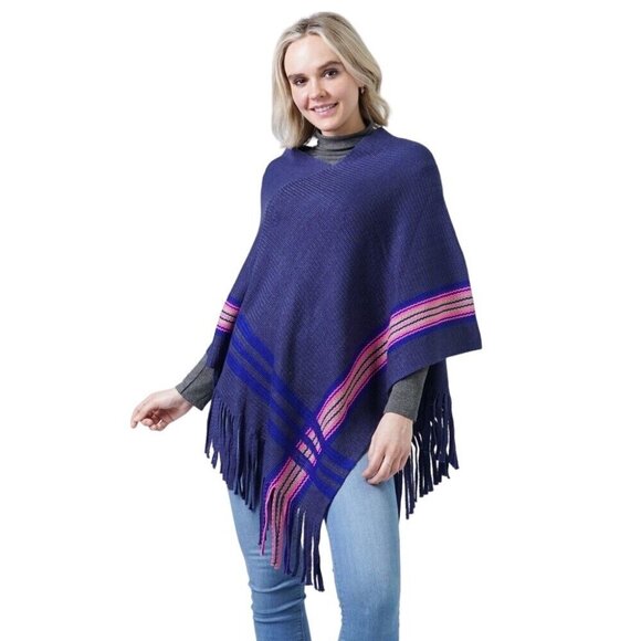 Knit Poncho With Contrast Detail and Tassel Fringe New Blue Pink - Picture 1 of 2